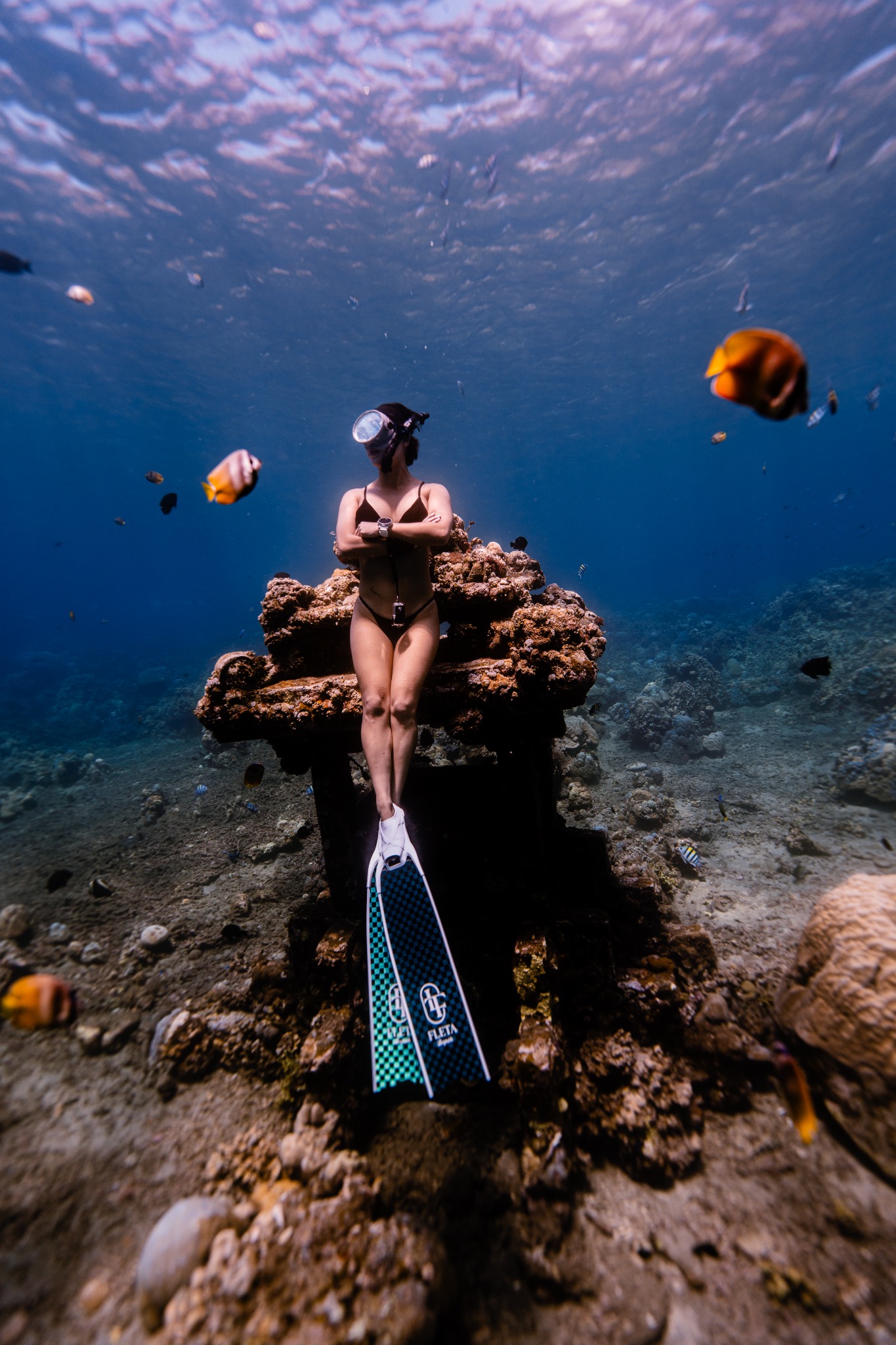 Freediving at underwater temple