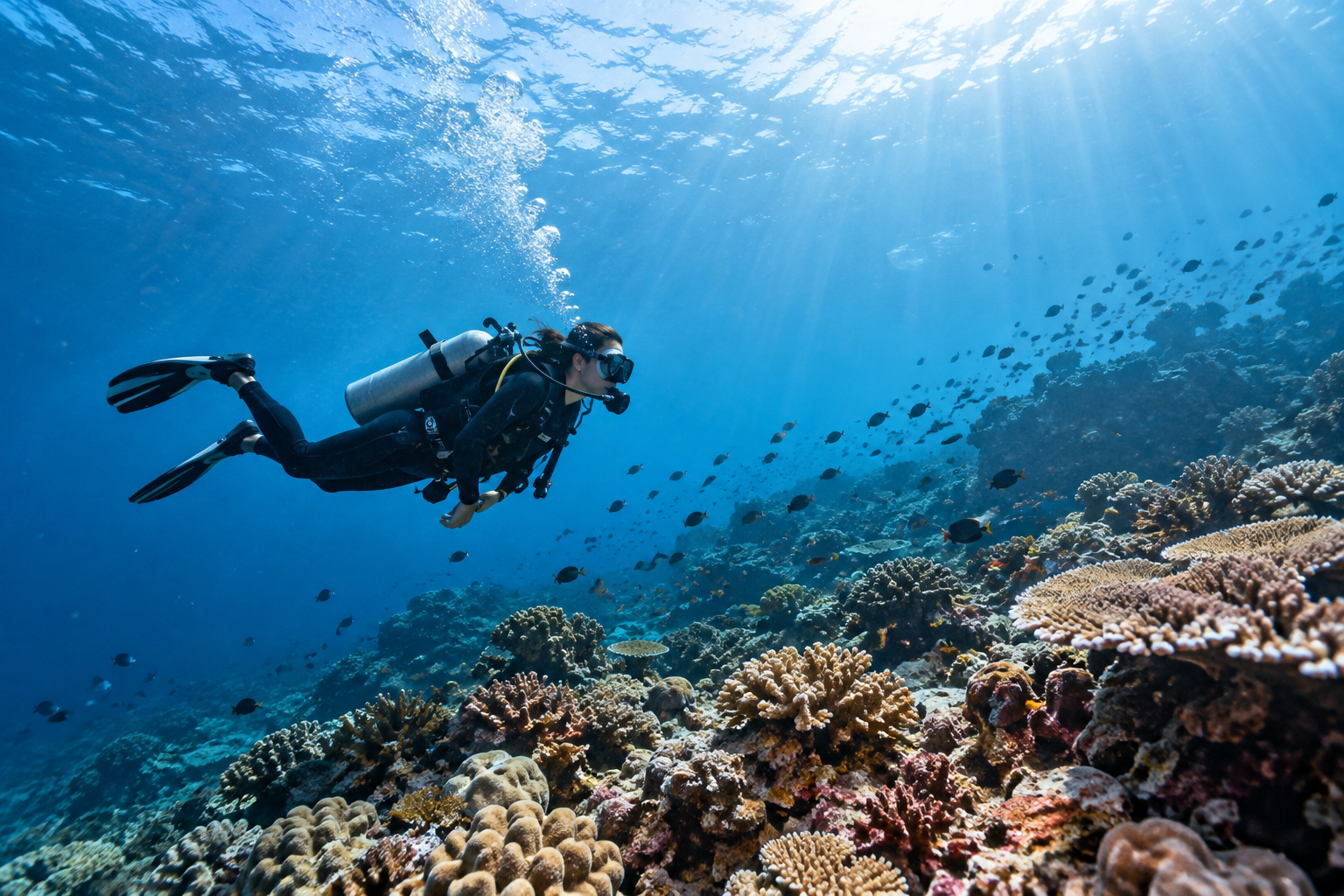 Scuba diver exploring a coral reef in Bali